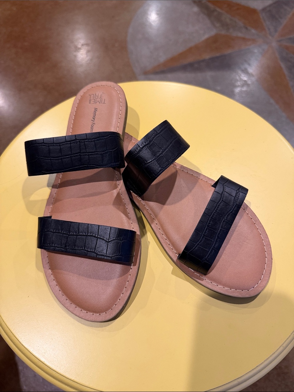 Time and Tru Black Croc-Embossed Double-Strap Slide Sandals